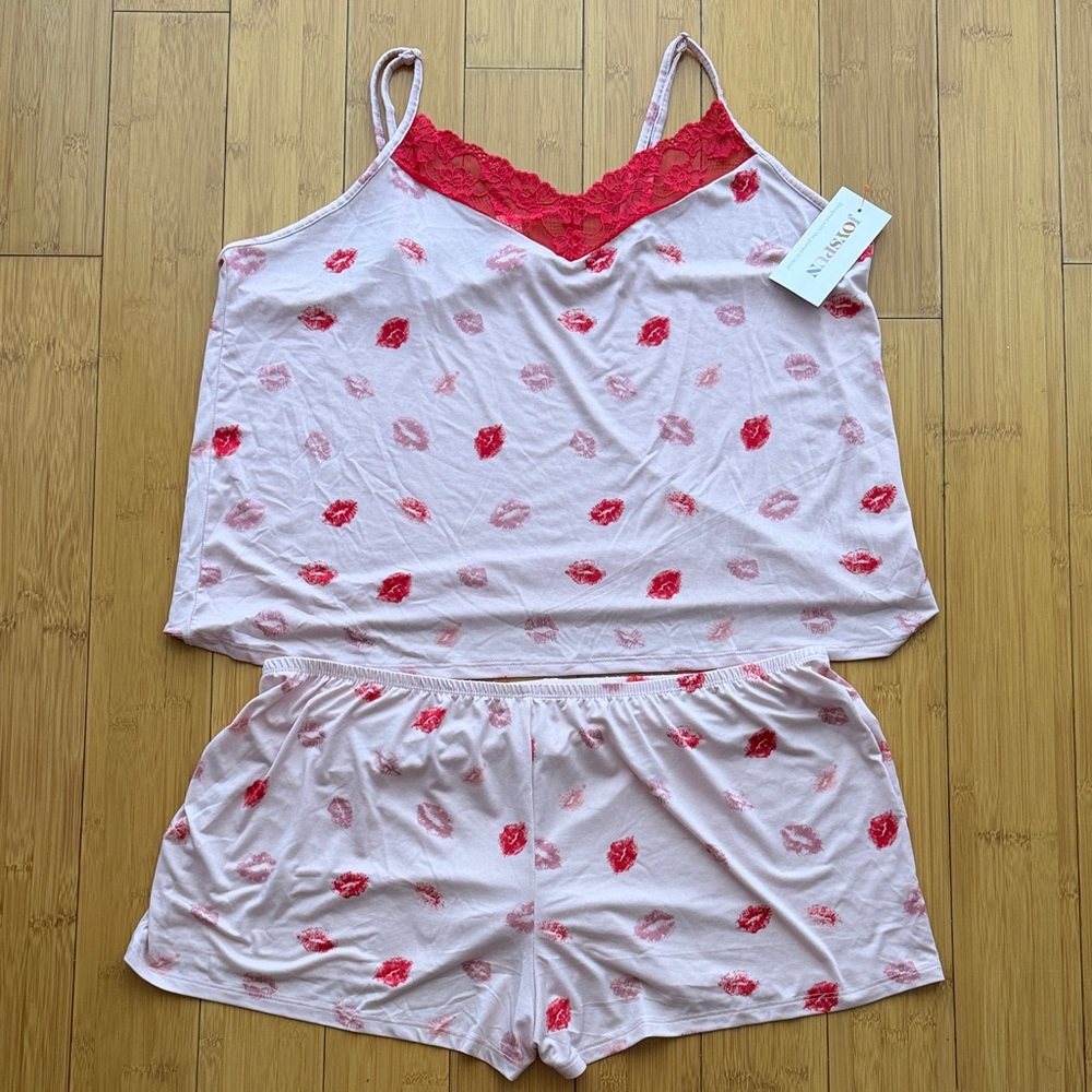 Sweet Kiss Lace-Trim Camisole & Shorts Pajama Set - Pink/Red
